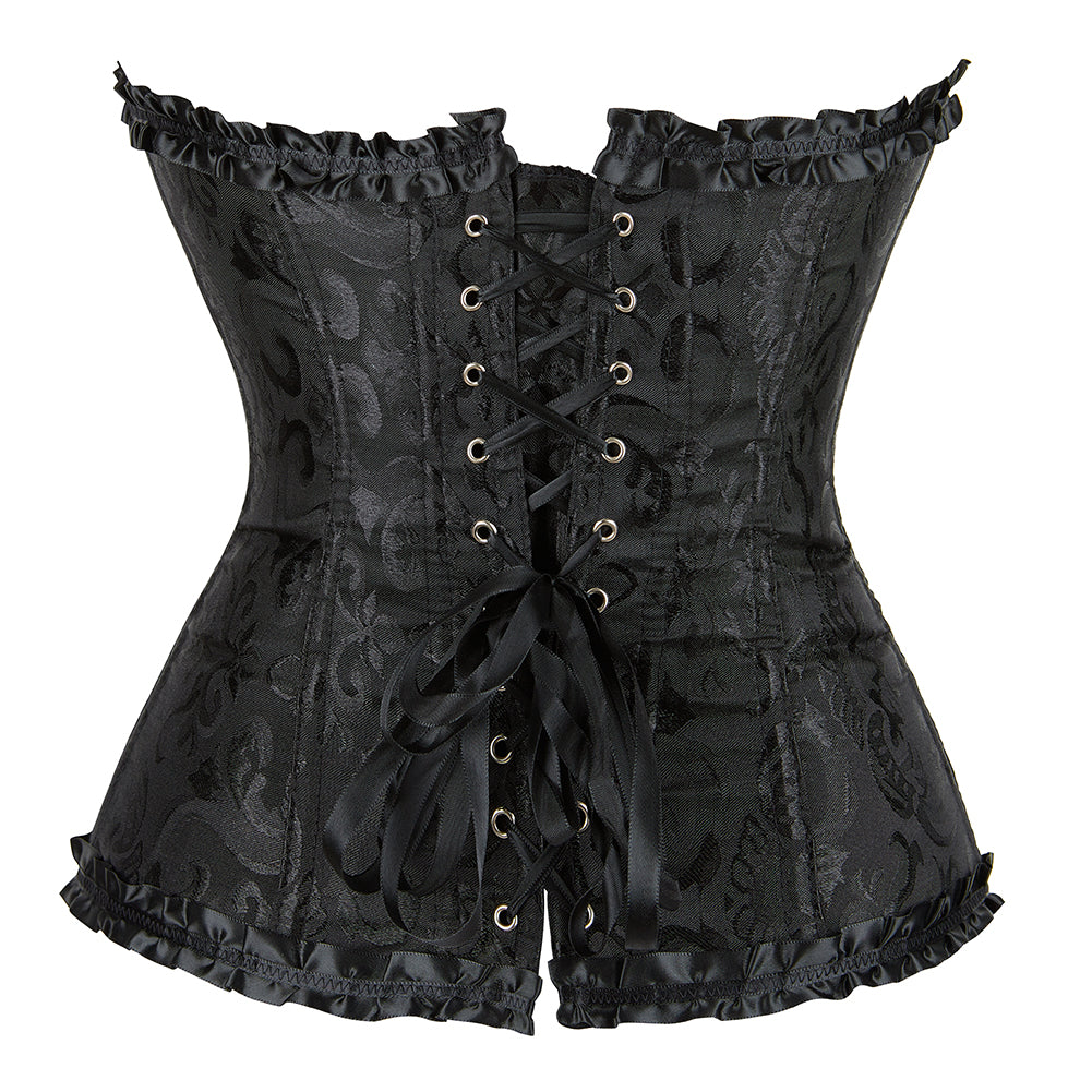Black victorian corset with intricate floral embroidery and satin ruffled trim in elegant design