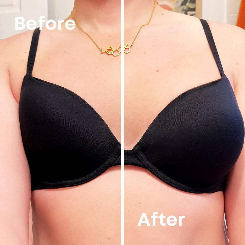 Before and after photo of using bra buds in a black bra