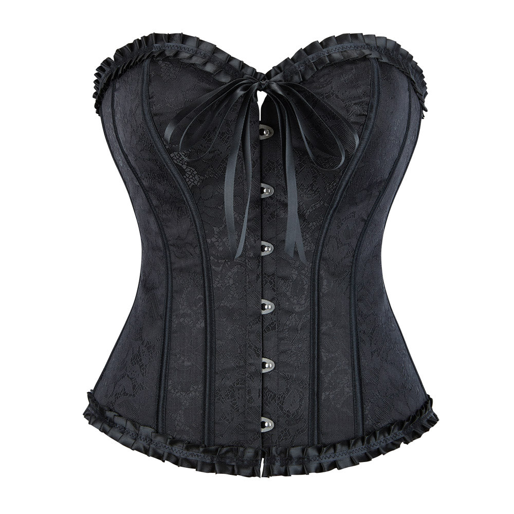 Black lace Floral Print Corset with ruffles and silver buttons