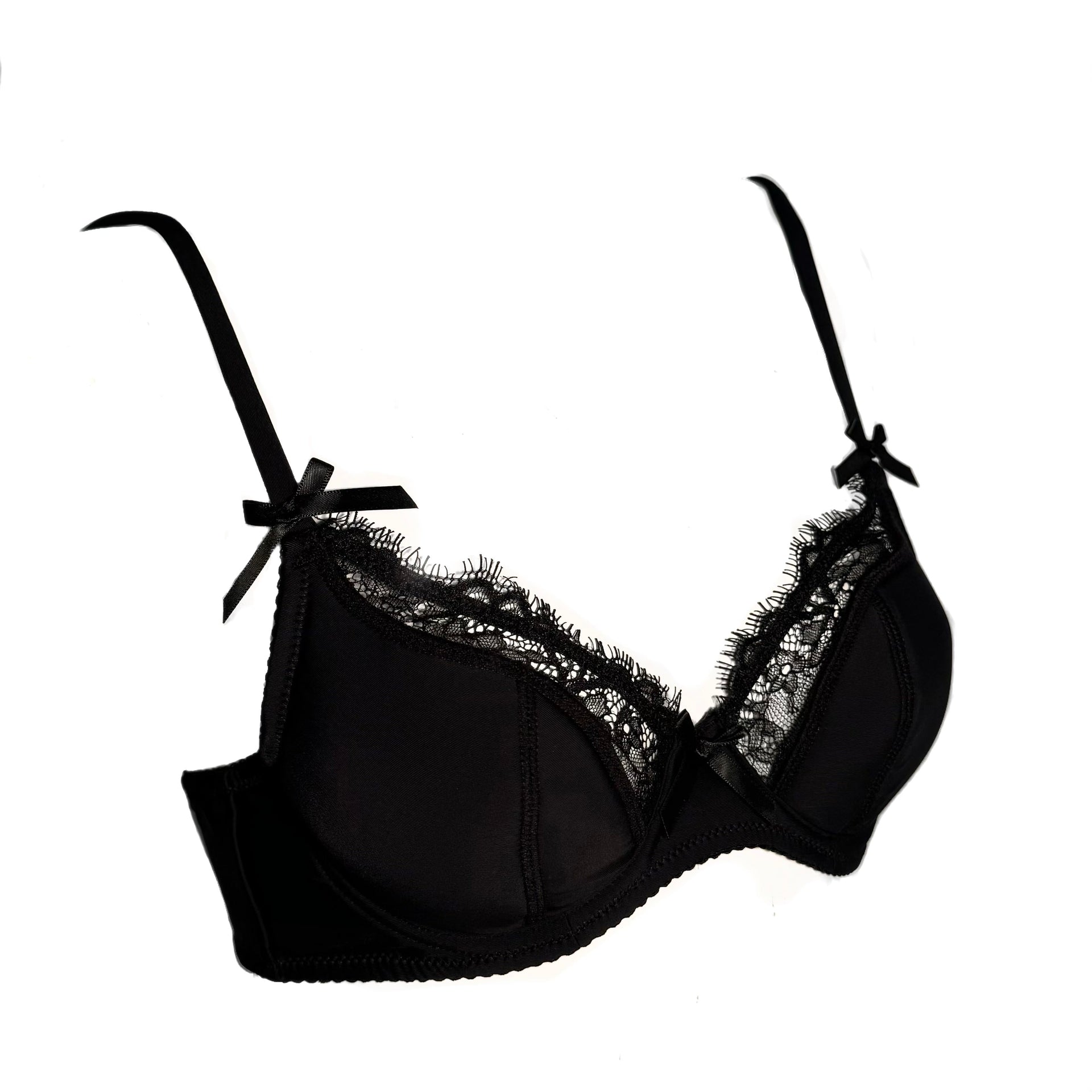 Black lace-trimmed Lace Joy Bra with satin straps and delicate bow