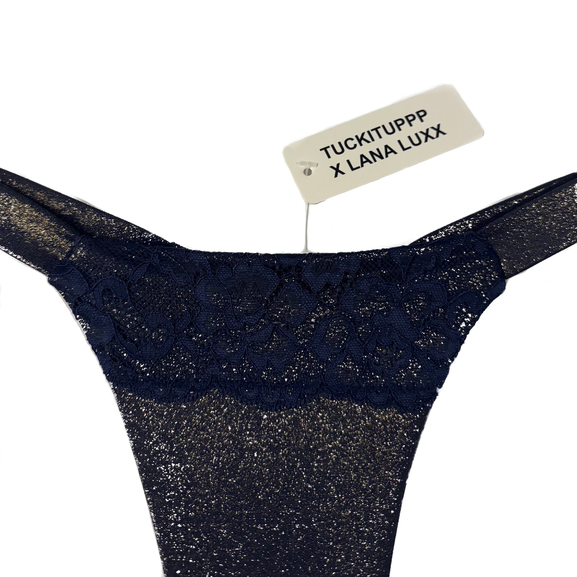 Lana Luxx black lace tuck thong with glittery floral patterns