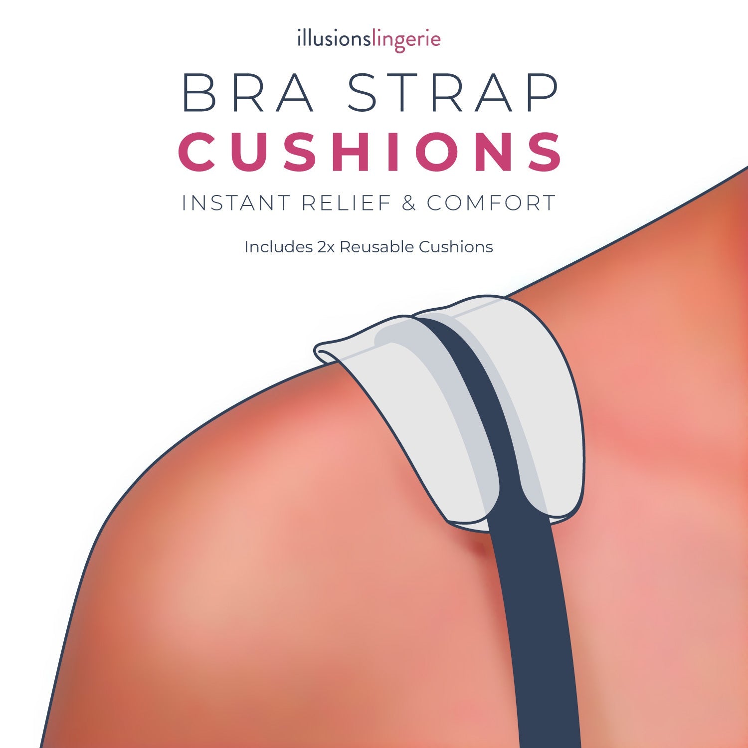 White and navy blue bra strap cushions with soft contoured design for comfort