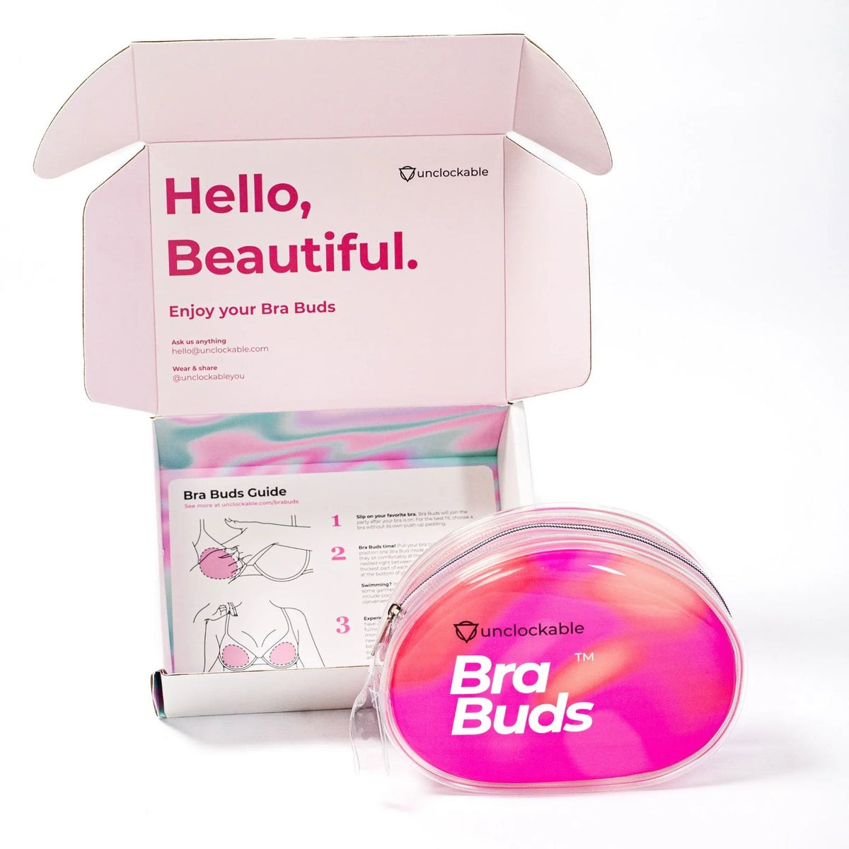 Pink translucent oval pouch with bra buds branding and zipper closure for storing unclockable bra buds