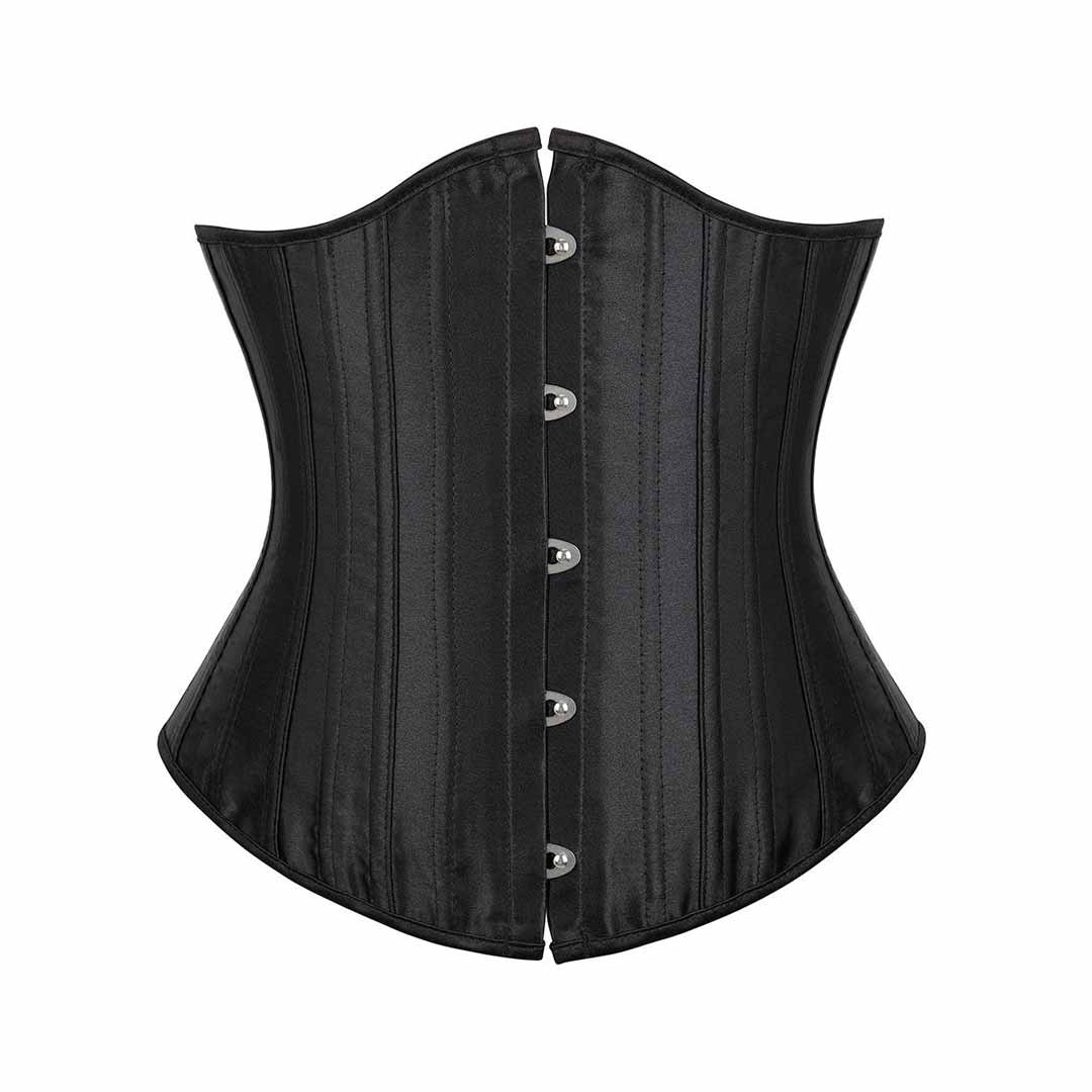 Black satin corset with vertical stitching and silver-toned metal buttons.