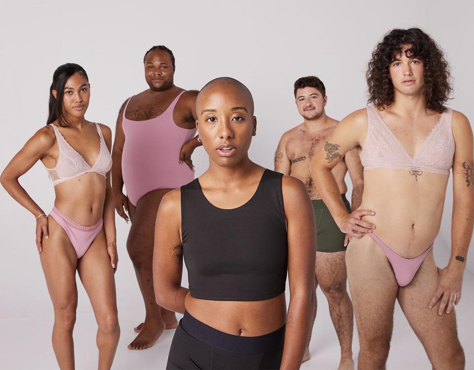 Diverse people in gender affirming underwear