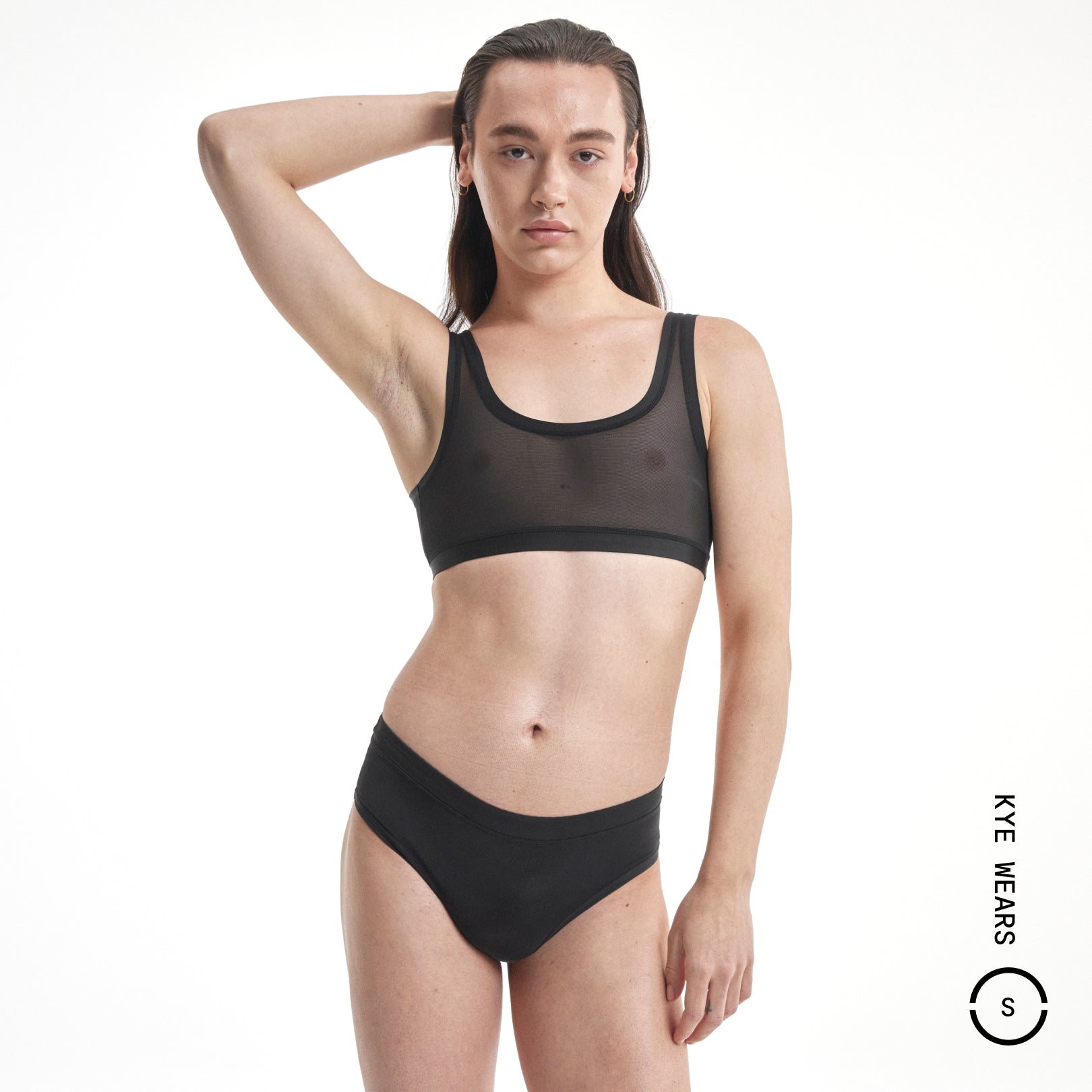 Black sheer mesh sports bra with trim and tuck briefs