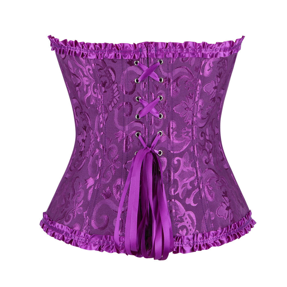 Purple satin victorian corset with intricate floral embroidery and ruffled trim displayed from the front