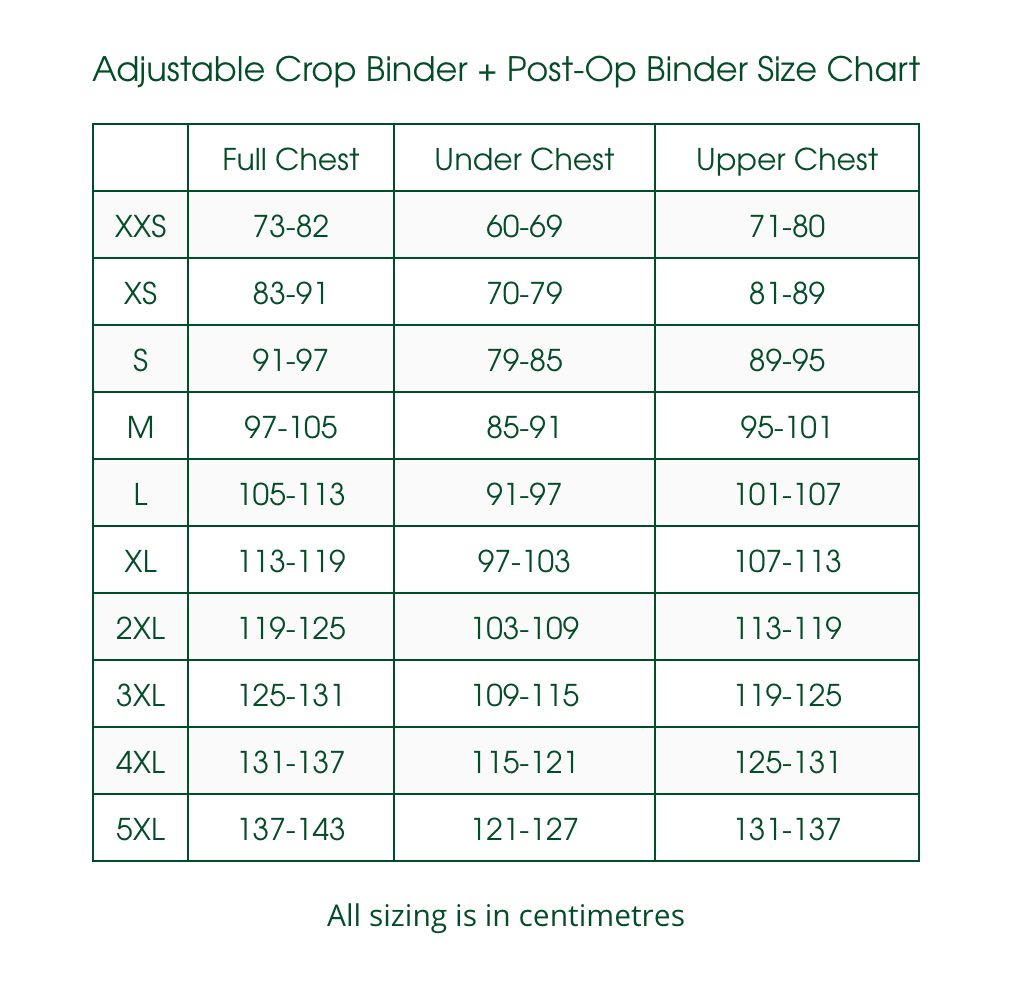 Adjustable crop binder size chart in cm for chest measurements