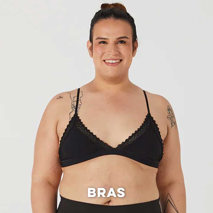 Trans woman wearing a black lace bra