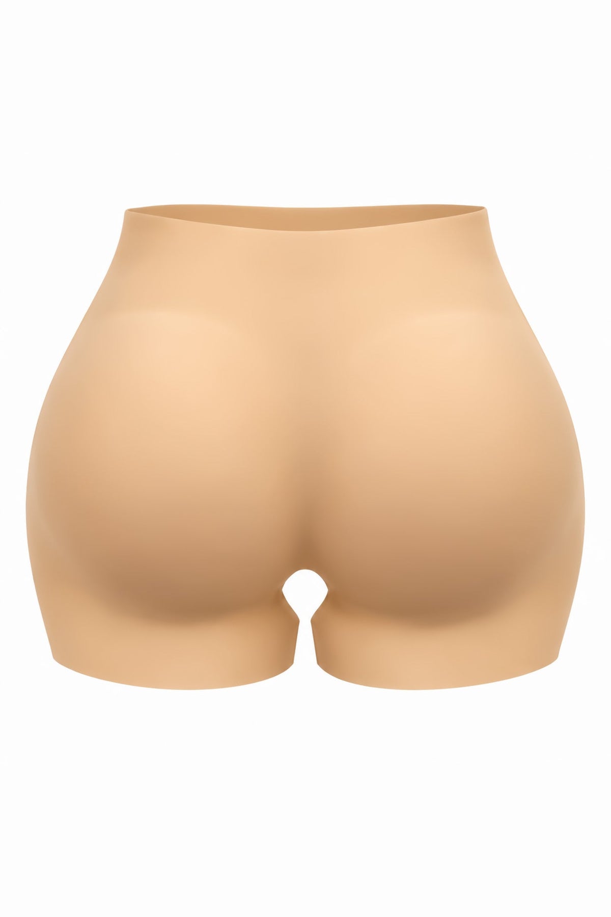Beige seamless high-waisted silicone butt padding shorts with smooth form-fitting design shown from the back side