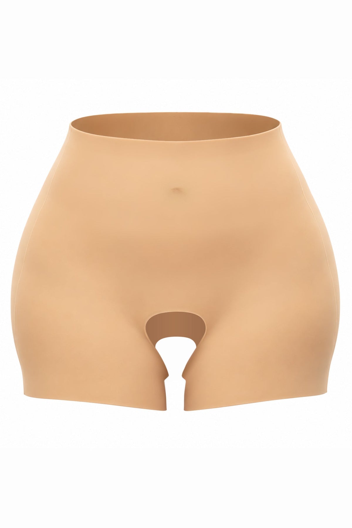 Beige seamless high waisted silicone butt padding shorts with smooth form fitting design shown from the back side