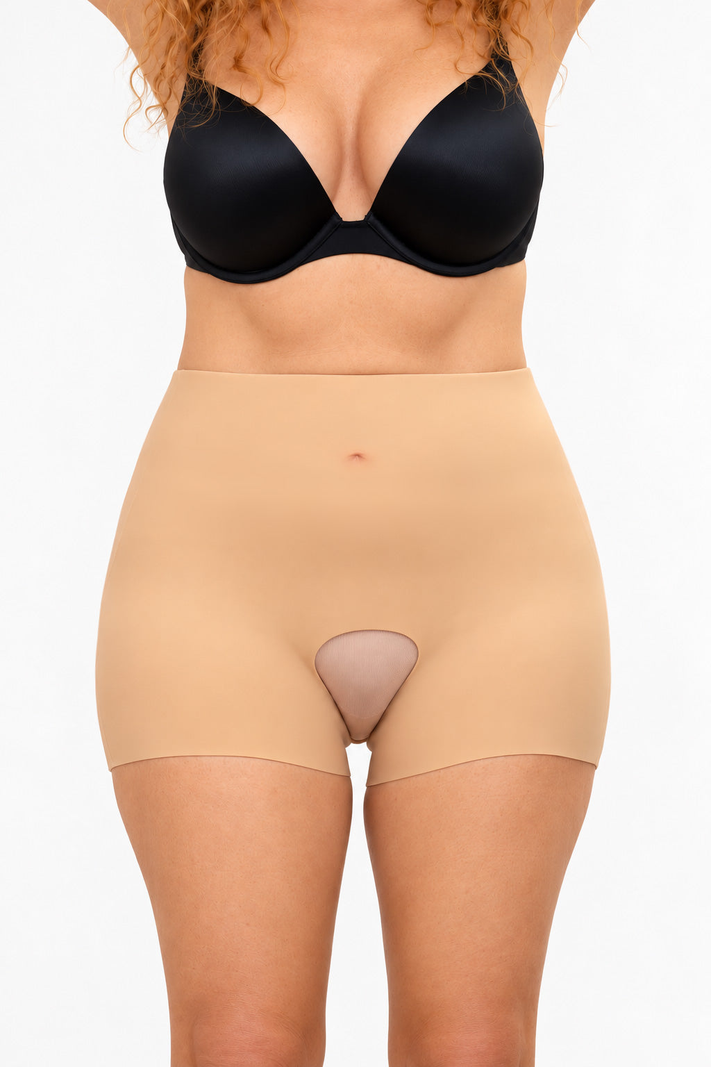Beige high-waisted seamless silicone butt padding shorts with smooth skin-like texture and subtle front cutout