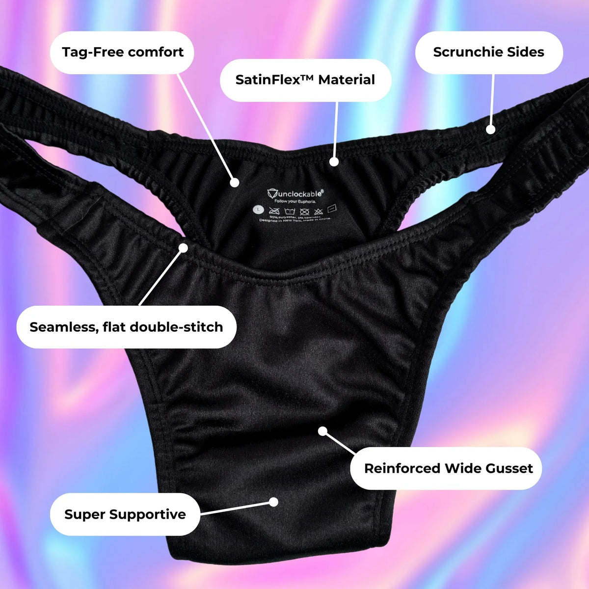 Black satin-like FEMME Everyday Tuckwear thong with scrunchie sides, gusset