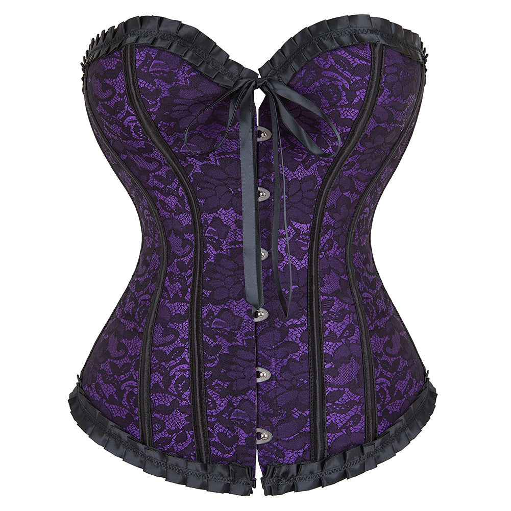 Purple lace Floral Print Corset with black satin trim and silver buttons
