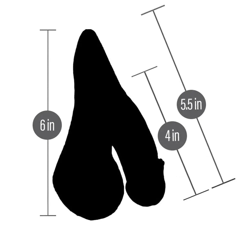 Black silhouette of so real silicone packer bicycle seat showing back side with 6 x 5.5 x 4 inch dimensions labeled