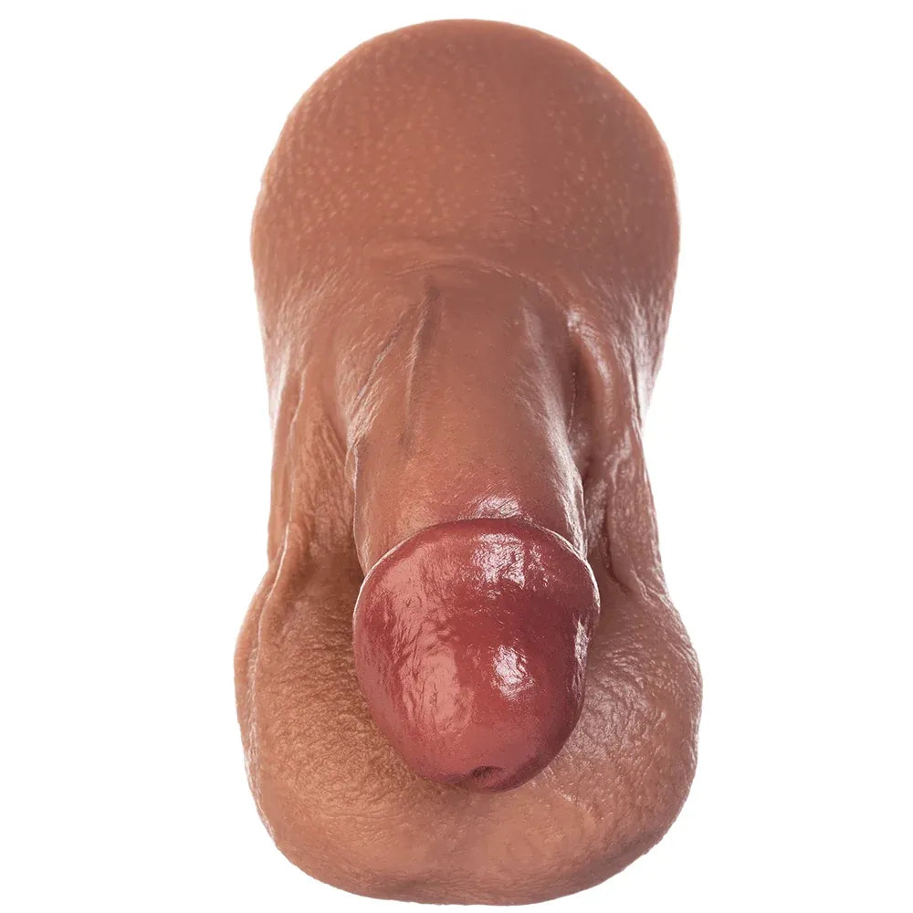 Brown soreal silicone packer phallus-shaped toy with realistic skin texture and slightly glossy finish