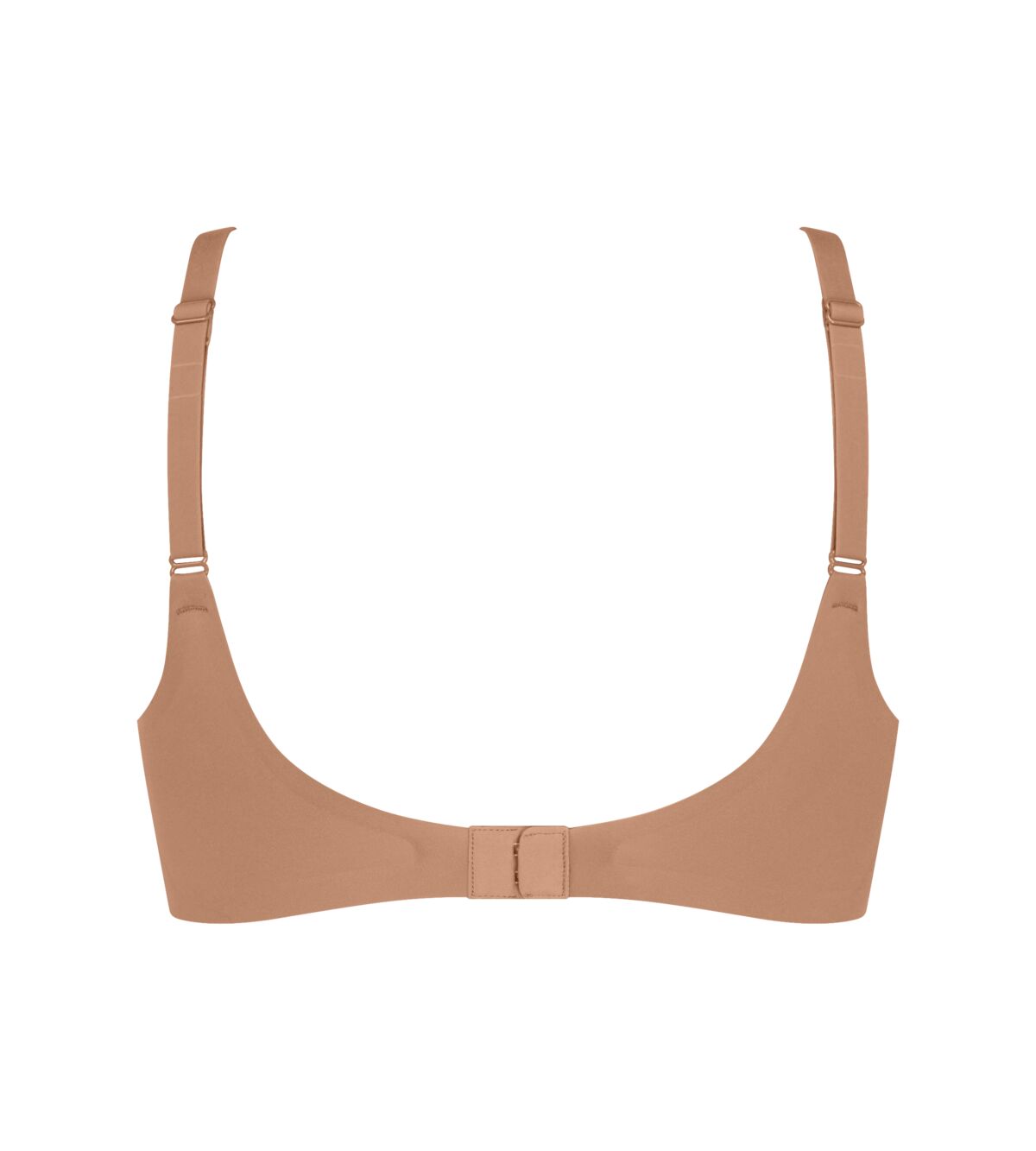 The up bra seamless tan underwire bra with adjustable straps and central back closure shown from the back
