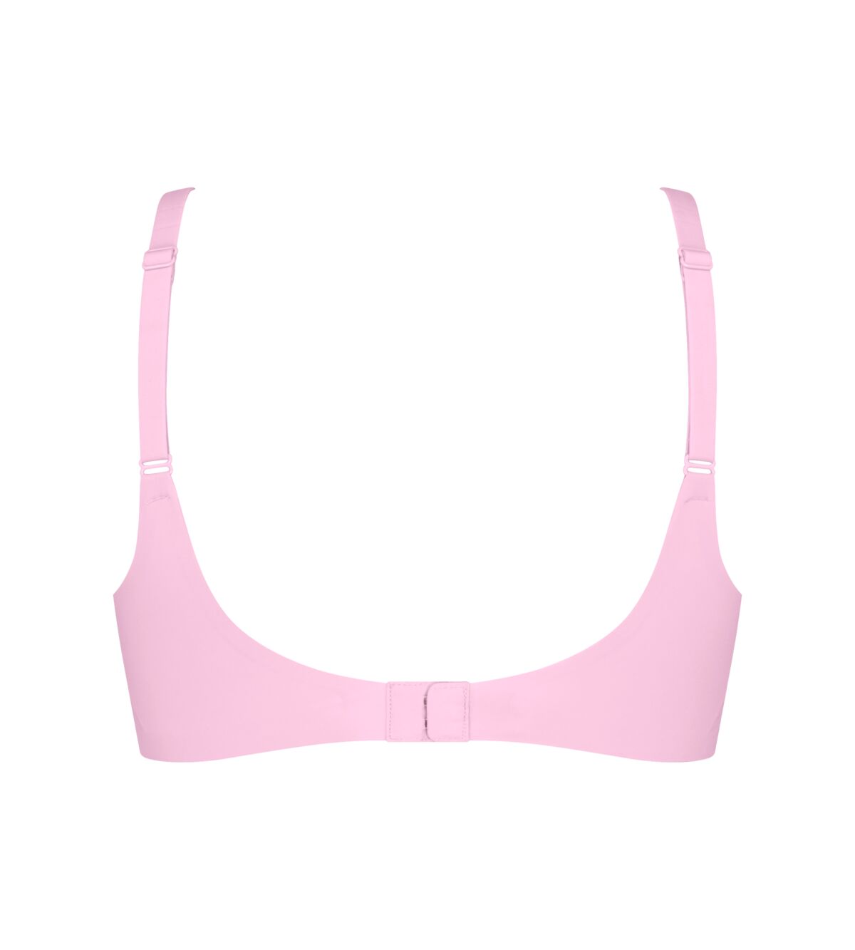 Pink underwire bra the up bra with adjustable straps and a central back clasp shown from the back side