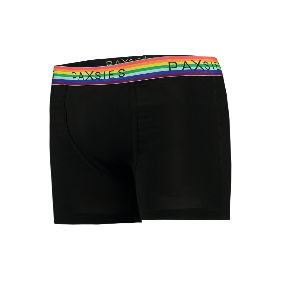 Black All-In-One Packing Boxers with rainbow waistband and Paxsies logo