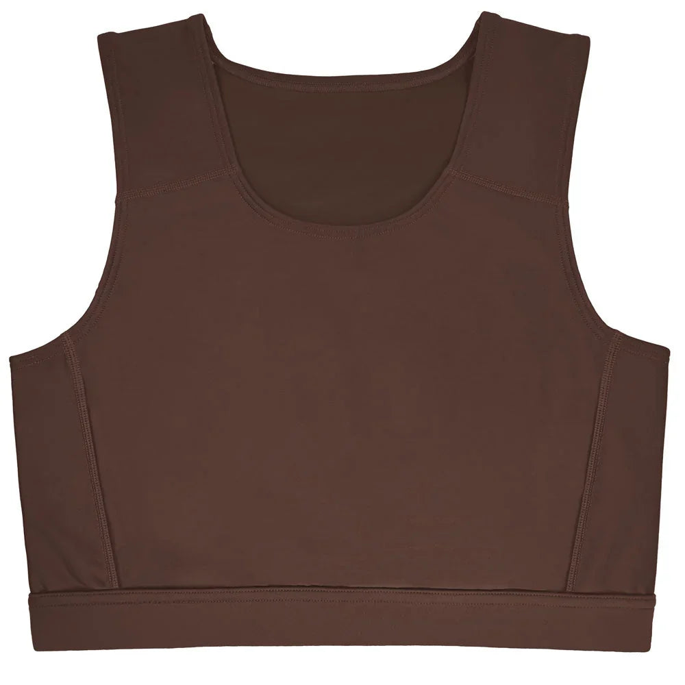 A sleek solid brown compression top sports bra with a scoop neckline and seamless construction