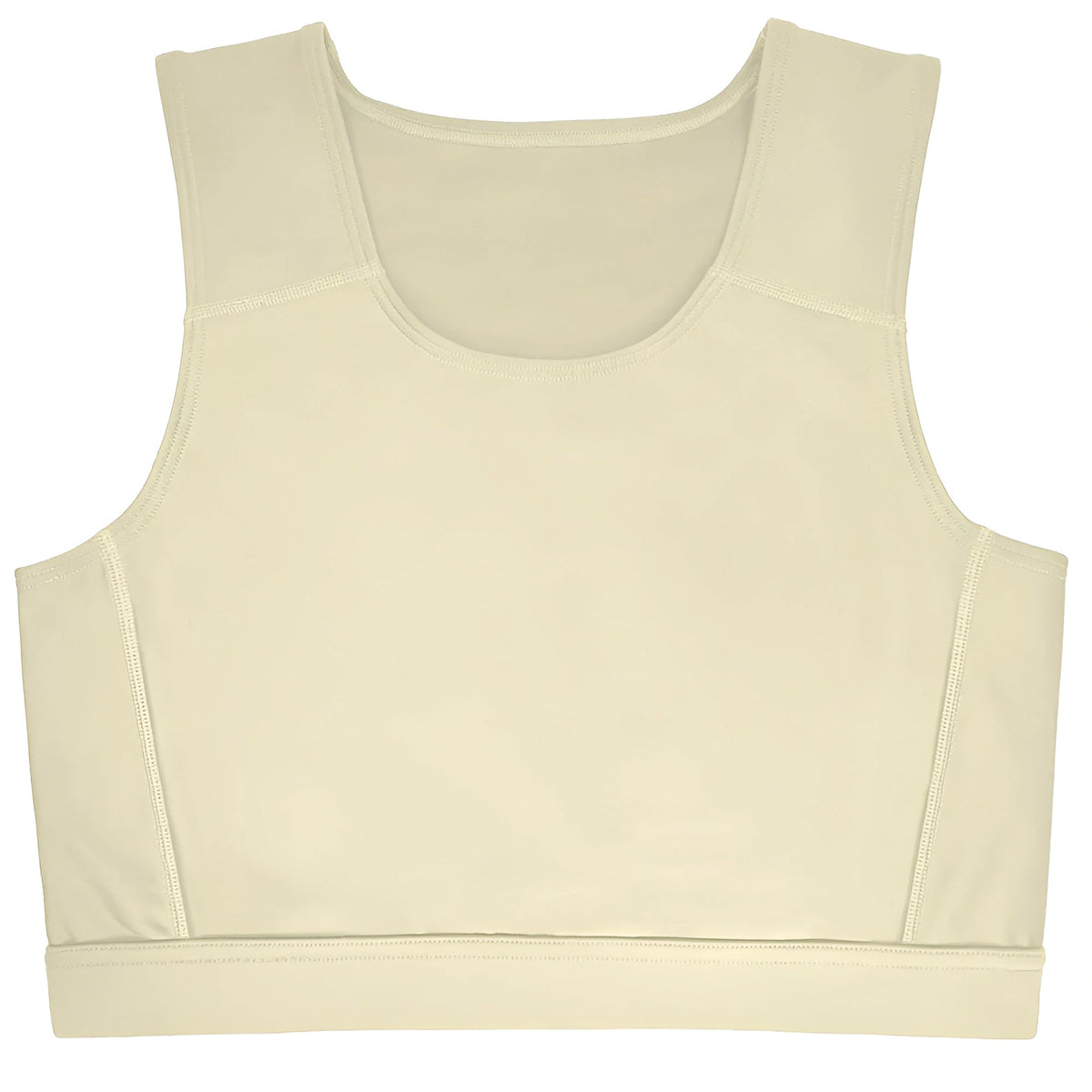 Cream-colored seamless compression top with round neckline and side seam detailing for chest binding.